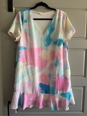 entro Pastel Watercolor V-Neck Ruffle-Hem Dress in Pink, Blue, Cream